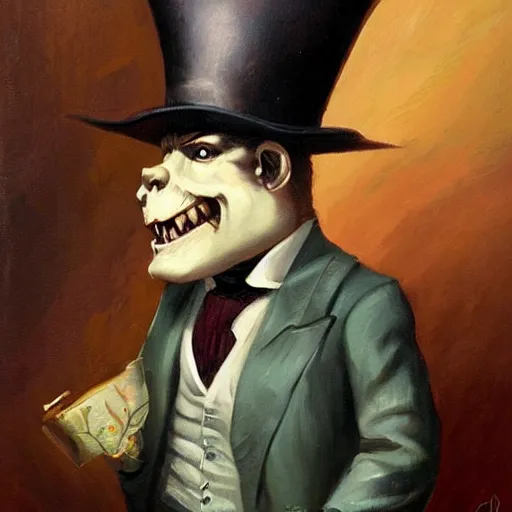 Image similar to a victorian era portrait painting of a warcraft orc in a suit and top hat by Peter Mohrbacher