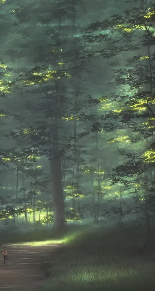 Image similar to fireflies in the forest by makoto shinkai, animation background, finely detailed