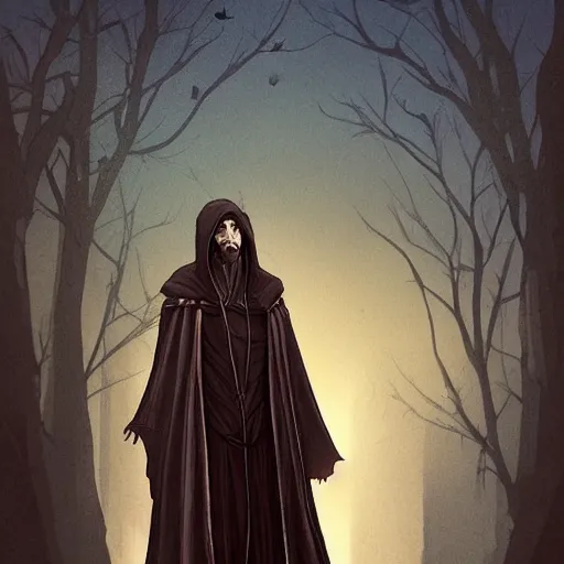 Image similar to 4 0 years old man, skinny, slim : : goatee : : hooded cloak : : medieval city, night, dark, grim, high detail, digital art, rpg, illustration