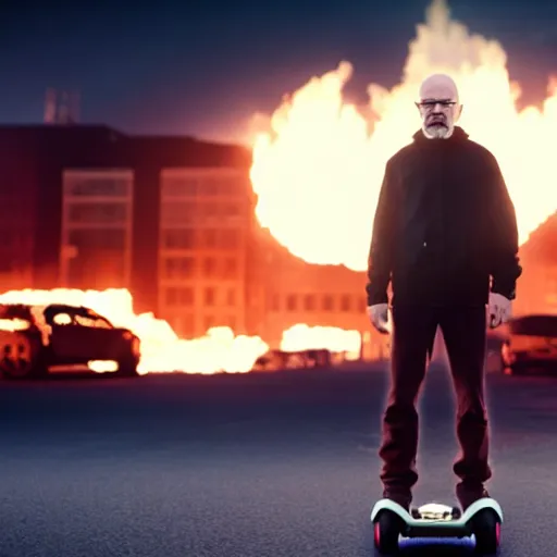 Image similar to Photo of Walter White standing on a hoverboard with several burning buildings behind him, cinematic lighting, highly detailed, 8k