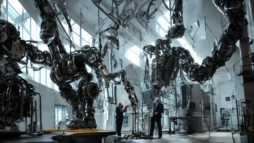 Image similar to bernie sanders putting the finishing touches on a complex magical clockwork doomsday robot, cinematic moody lighting, sharp focus, imax