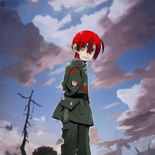 Image similar to beautiful little boy in nazi uniform posing. red, green, blue and gray pallet color. made in abyss art style, inspired by kris from deltarrune, cute detailed artwork, anatomically correct, soft details, ilya kuvshinov, reflection, perfect composition, portrait, illumination, digital art, detailed anime soft face