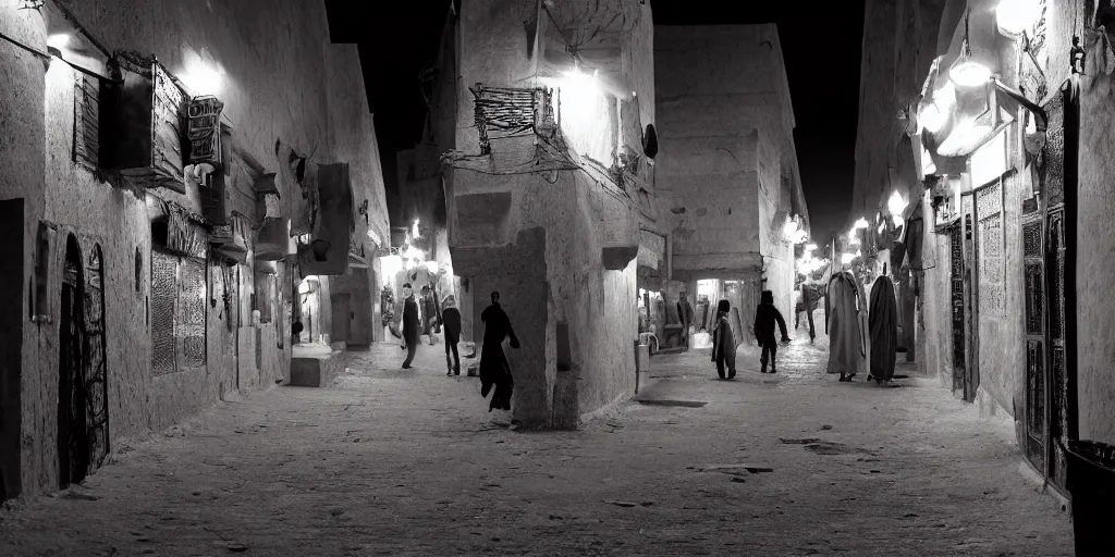 Image similar to el mowlid street rituals in medieval ghardaia, night lights, crowded, cinematic, volumetric light, moody