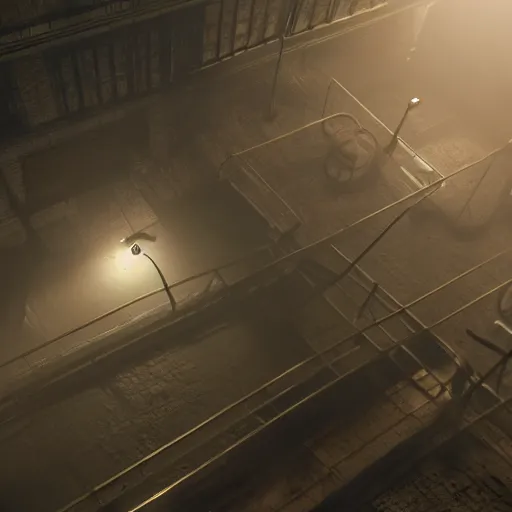 Image similar to playstation 5 screenshot of silent hill, overhead view, artstation, exquisite lighting