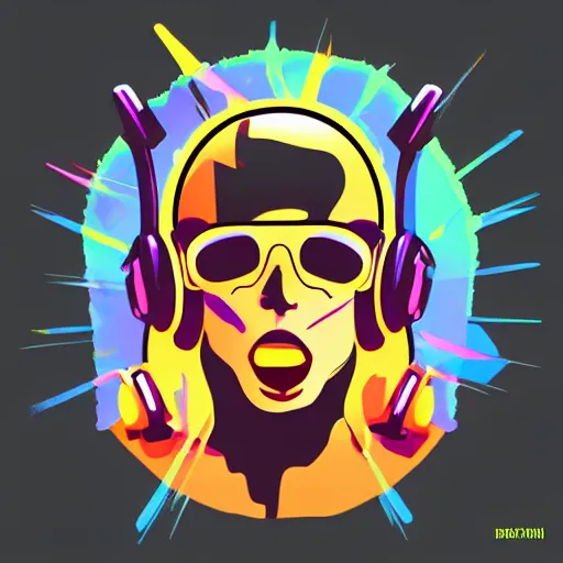 Prompt: svg vector sticker of, demon painting, rocking out, wearing headphones, huge speakers, dancing, rave, DJ, spinning records, digital art, amazing composition, rule-of-thirds, award-winning, trending on artstation, featured on deviantart