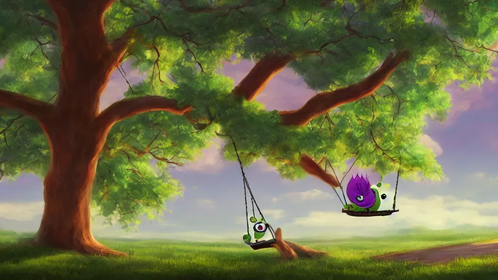 Image similar to mike wazowski sitting on a swing by a large oak tree, beautiful landscape, vivid colors, by robert kondo, concept art