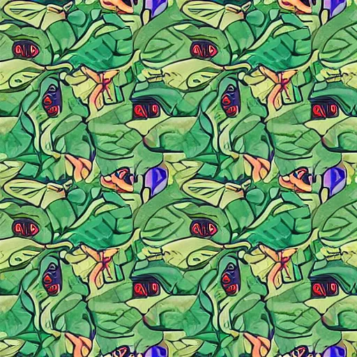 Image similar to a repeating pattern of leaves and fish kissing frogs in the style of pokemon