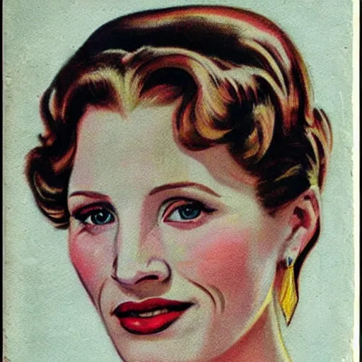 Image similar to “Jessica Chastain portrait, color vintage magazine illustration 1950”