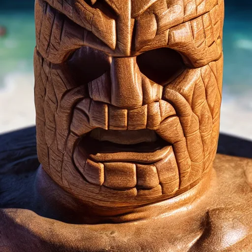 Image similar to a closeup photorealistic photograph of ben grimm's face on a tiki mug at trader vic's beach bar. fantastic four. tiki culture. bright scene. fine detail. this 4 k hd image is trending on artstation, featured on behance, well - rendered, extra crisp, features intricate detail, epic composition and the style of unreal engine.