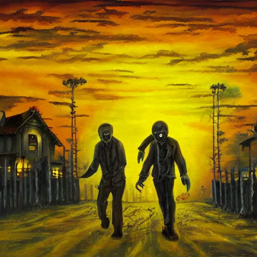 Prompt: painting of zombies walking in a yellow sky