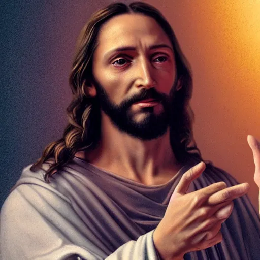 Image similar to uhd real 8 k photo of jesus showing his middle finger, digital art, portrait, portrait concept art, special effects, finely detailed, studio lighting, correct details, correct face, accurate middle finger