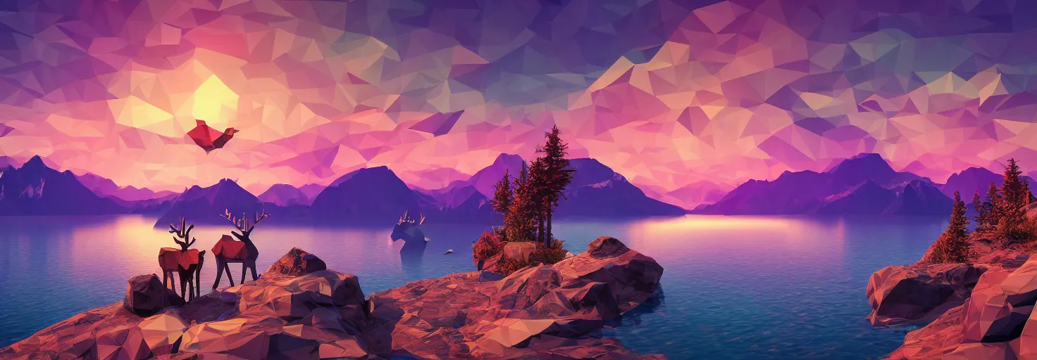 Image similar to super detailed color lowpoly art, northern sunset with rocks on front, lake in the middle of perspective and mountains at background, graphic reindeers in random points, unreal engine, retrowave color palette, 3d render, lowpoly, colorful, digital art