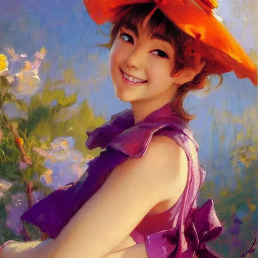 Prompt: a detailed portrait of a cute anime girl on swing, wearing a purple and red dress, wearing a orange hat, smiling coy, painting by gaston bussiere, craig mullins, j. c. leyendecker