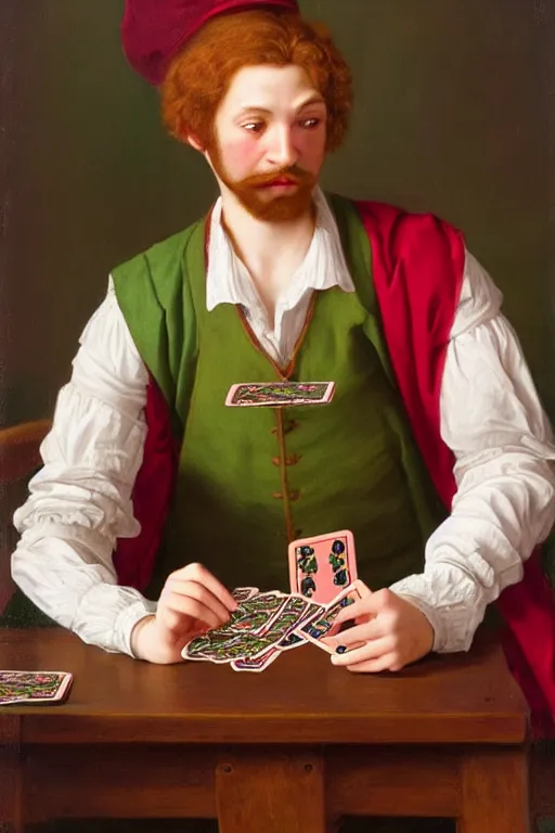 Image similar to intricate beautiful medium - shot, the card player man with short trimmed reddish beard ( ( ( no mustache ) ) ), blonde reddish hair, in green and pink clothes of 1 7 th century playing card game, matte painting, renaissance painting, by paul sezanne by leyendecker, by artgerm, rutkowskyi