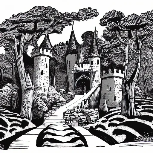 Image similar to mcbess illustration of a haunted castle in the woods, set an the end of a winding road