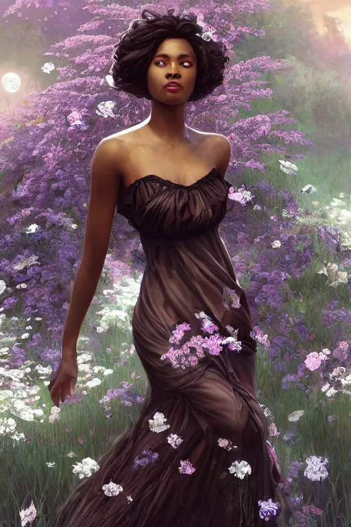 Image similar to ultra realistic illustration, black american girl with flowers blossoming from her hair, standing seductively, wearing night dress, night time, moonlight, snowy, volumetric lighting, elegant, highly detailed, digital painting, concept art, smooth, sharp focus, illustration, art by artgerm and greg rutkowski and alphonse mucha