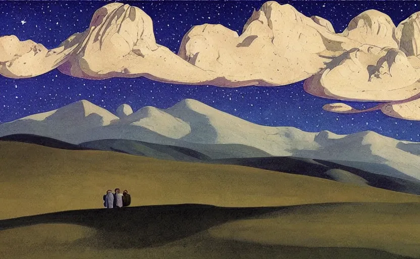 Prompt: mountains, stars and paisley filled sky, artstation, intricate, highly detailed, digital painting, concept art, sharp focus, illustration by Edward Hopper and Piero della Francesca