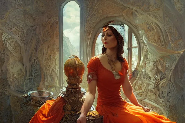 Image similar to portrait of tinfoil hat man in orange t - shirt behind his wife, feelings, romantic, fantasy, intricate, elegant, highly detailed, digital painting, artstation, concept art, smooth, sharp focus, illustration, art by artgerm and greg rutkowski and alphonse mucha