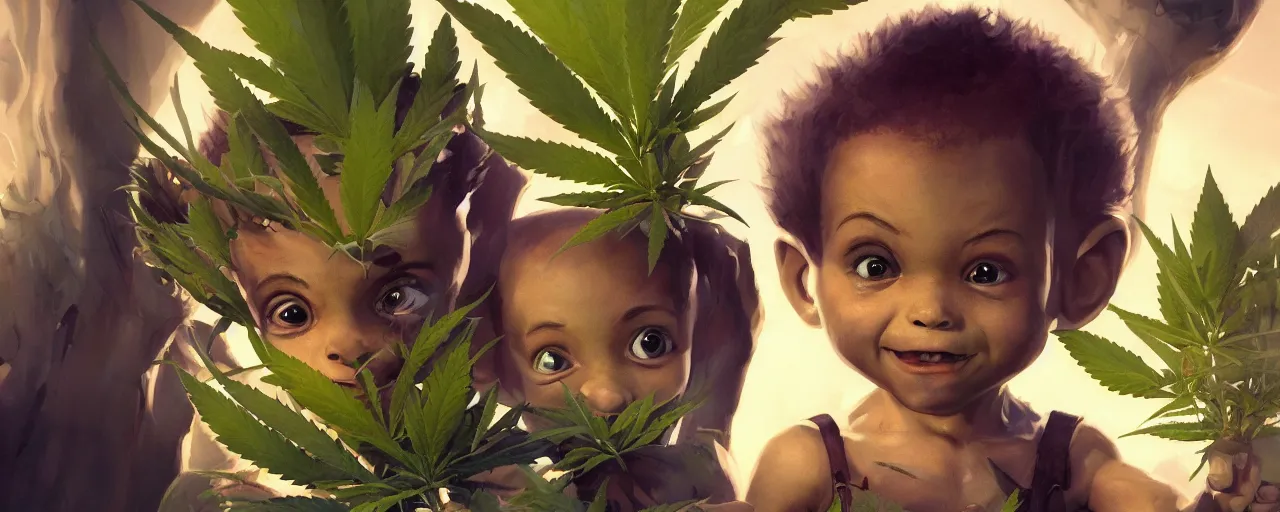 Prompt: portrait cute baby cannabis, marijuana, baby groot, realistic shaded perfect face, cinematic volumentric lighting, jim cheung, david marquez, mike deodato jr, ilya kuvshinov, makoto shinka, behance hd by jesper ejsing, by rhads, hyper detailed, octane render, concept art, artstation