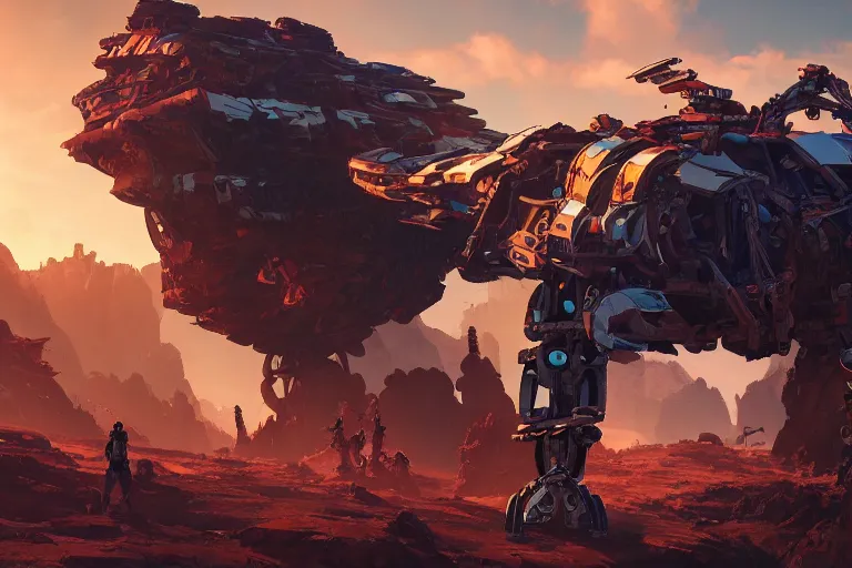 Image similar to rockbreaker machine mecanical creature robot of horizon forbidden west horizon zero dawn radiating a glowing aura global illumination ray tracing hdr fanart arstation by ian pesty and alena aenami artworks in 4 k