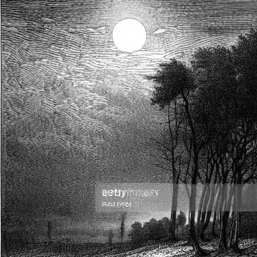 Prompt: a distant city, trees, night, full moon, clouds, chiaoscuro, illustration by Gustave Doré