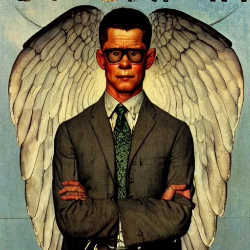 Image similar to marvelous detailed portrait of a ripped physique winged Nephilim Hank Hill Man with a halo standing above new york city. norman rockwell heorhiy narbut jessie wilcox smith beatrix potter joseph leyendecker acrylic painting