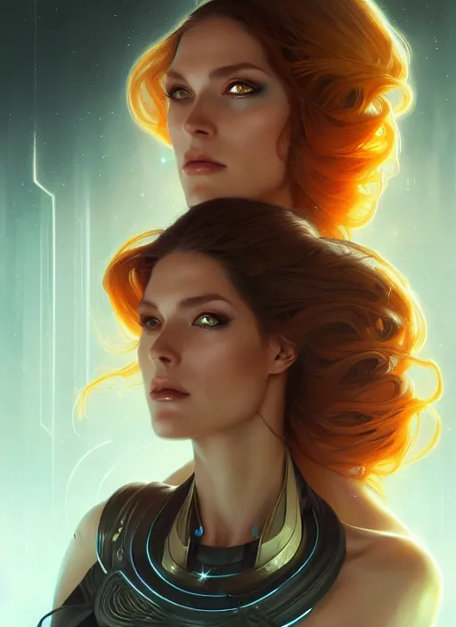 Image similar to futuristic woman portrait, sci-fi, amber eyes, face, long hair, fantasy, intricate, elegant, highly detailed, digital painting, artstation, concept art, smooth, sharp focus, illustration, art by artgerm and greg rutkowski and alphonse mucha