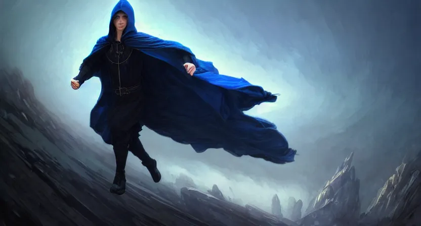 Prompt: handsome mage running away from a giant airship, black hair wearing hooded gothic blue cloak, mountain town, movie action still frame, ultra wide horizon, intricate, elegant, highly detailed, hyperrealism, digital painting, concept art, smooth, sharp, focus, illustration, art by artgerm, greg rutkowski, ilya kuvshinov, alphonse mucha