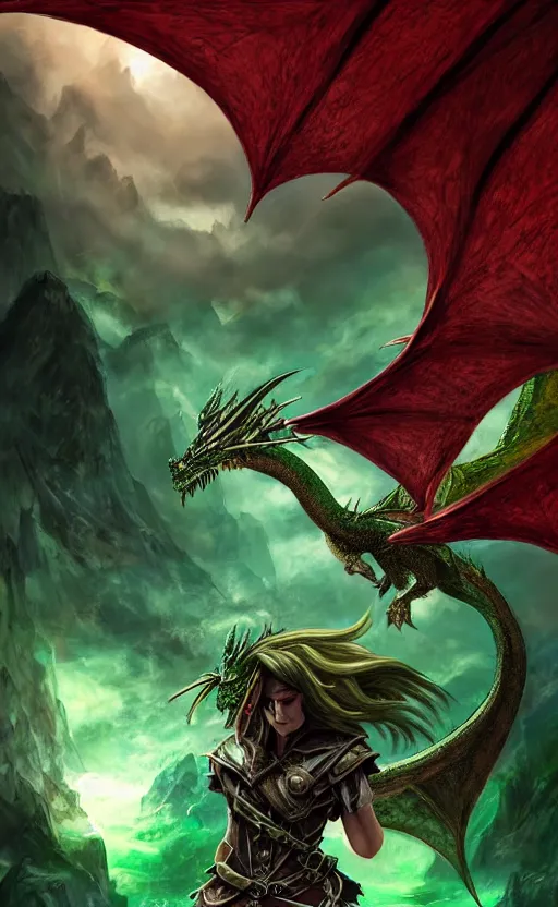 Image similar to epic fantasy dungeons and dragons scene, female halfling rogue, dragonrider, flying on top of a green dragon, green dragon, waterdeep, black hair, rogue, fantasy, red leather corset, cinematic, beautiful lighting, heroic, digital art, sky, mountain