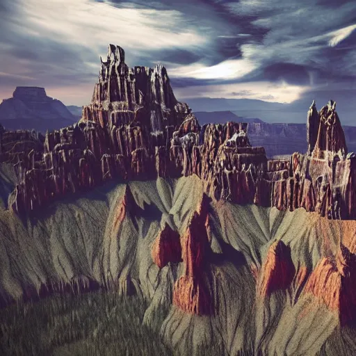 Prompt: dark gothic palace, gothic palace made, GOTHIC PALACE! of rock with tall spires, bristlecone pine trees, grand canyon, ultrawide cinematic 3d render, dark dramatic skies, atmospheric, vultures