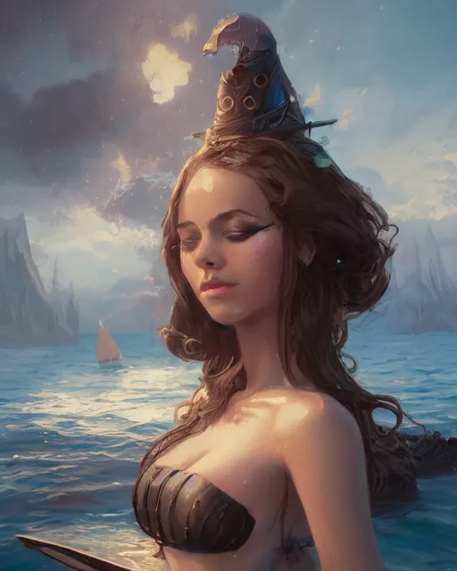 Image similar to A beautiful female maid posing on a boat with a magical bikini, beautiful face, fantasy woman, fantasy art, in the style of greg rutkowski, illustration, epic, fantasy, intricate, hyper detailed, artstation, concept art, smooth, sharp focus, ray tracing, profile shot