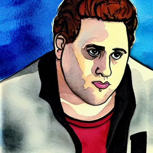 Prompt: jonah hill, stylized. Watercolor and ink. 1980s.
