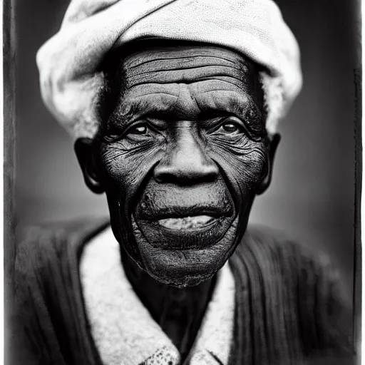 Prompt: black and white photo, portrait of 80 year old congolese man by richard avedon, realistic, Leica, medium format, cinematic lighting, wet plate photography, parallax, high resolution,