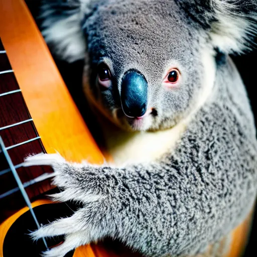 Image similar to a koala playinga guitar, modelsociety, radiant skin, huge anime eyes, rtx on, perfect face, directed gaze, canon, symmetric balance, polarizing filter, photolab, lightroom, 4 k, dolby vision, photography award