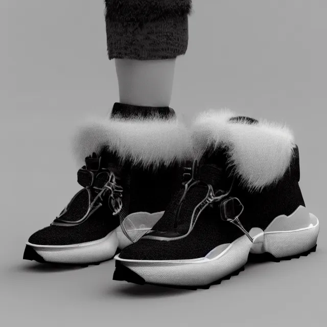 Image similar to ultra realistic fluffy sneakers designed by balenciaga, dark cinematic, volumetric, realistic, 3 d render, cinematic lighting, ray tracing, cinematic, unreal engine 5, unreal engine render, octane render, hyper realistic, photo, 8 k