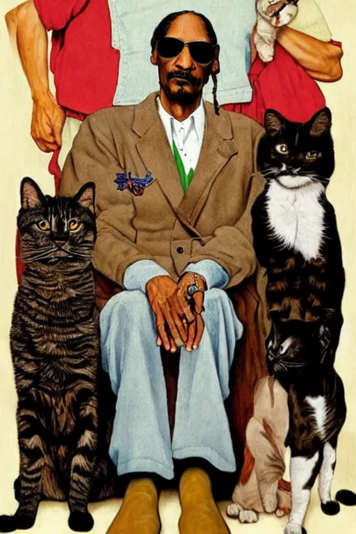 Image similar to snoop dogg and his cats painted by norman rockwell