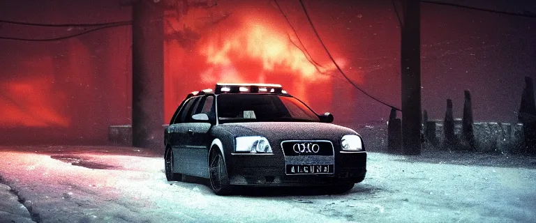 Image similar to Audi A4 B6 Avant (2002), a gritty neo-noir, dramatic lighting, cinematic, eerie person, death, homicide, homicide in the snow, gunshots, establishing shot, extremely high detail, photorealistic, red mist, red fog, chaos, arson, burning city, cinematic lighting, artstation, by simon stalenhag, Max Payne (PC) (2001) winter New York at night, In the style of Max Payne 1 graphic novel, flashing lights, Poets of the Fall - Late Goodbye