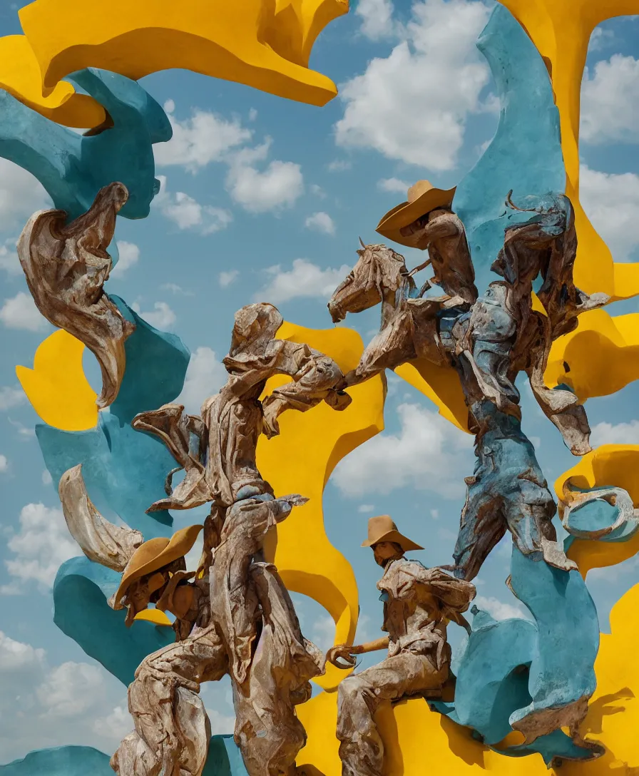 Image similar to a cowboy turning into blooms by slim aarons, by zhang kechun, by lynda benglis. tropical sea slugs, brutalist angular sharp tractor tires. complementary colors. warm soft volumetric dramatic light. national geographic. 8 k, rendered in octane, smooth gradients. sculpture by antonio canova. yellow teal accents.