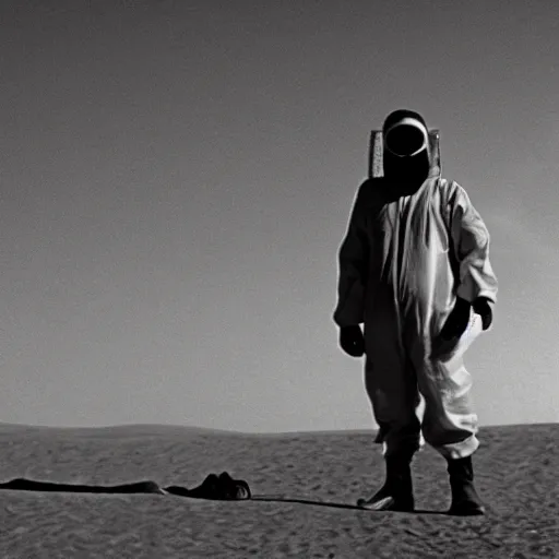 Prompt: a man wearing a hazmat suit and gasmask in desert, arriflex 35, film still, cinematic composition