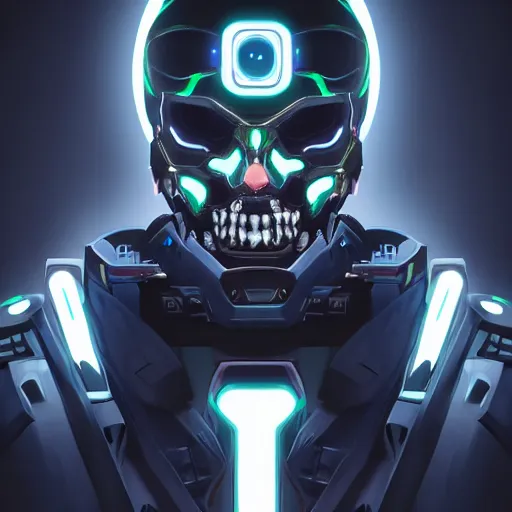 Image similar to centered front face hyperdetailed portrait of a mecha skull ronin wearing hoodie, 8k, digital painting, futuristic, black neon lights, trending on CG society