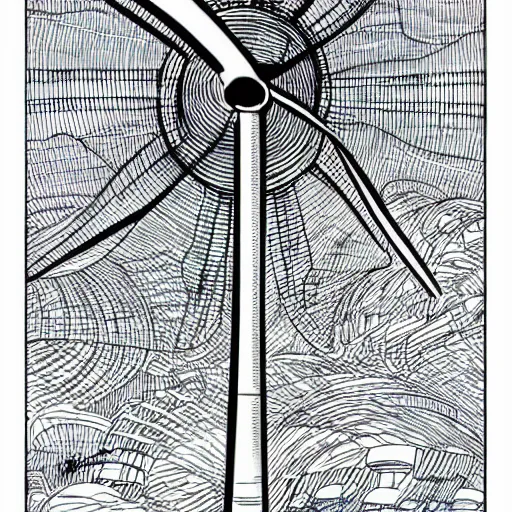 Image similar to Simplistic comic illustration of a wind turbine blueprint, black ball pen on white paper, by Josan Gonzalez and Geof Darrow