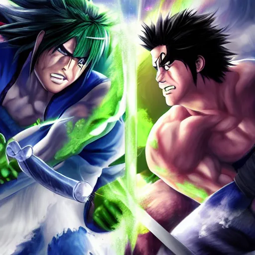 Prompt: epic anime battle between the sasuke and the incredible hulk, digital art, game art, character design, trending on artstation, ultra realistic, ultra detailed