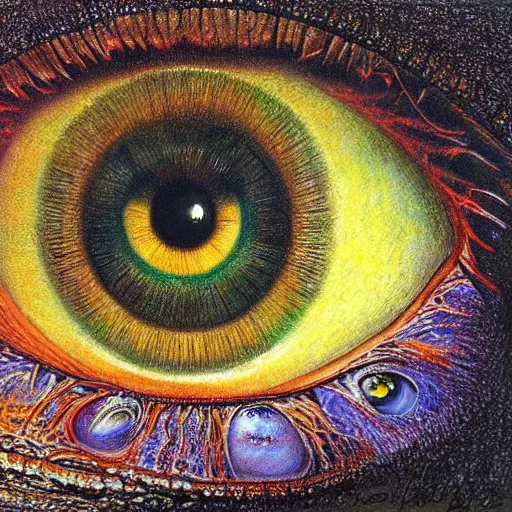 Image similar to robust, elaborate by bob eggleton, by louis majorelle. a drawing of a large eye that is looking directly at the viewer. the eye is composed of a myriad of colors & patterns, & it is surrounded by smaller eyes.
