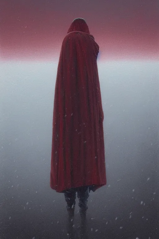 Image similar to a painting of a person standing in the snow, blizzard, a surrealist painting by zdzisław beksinski and by alena aenami, deviantart, nuclear art, dystopian art, apocalypse landscape, red color scheme, surrealist