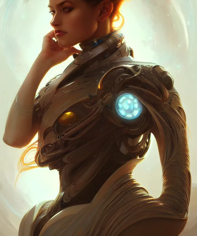 Image similar to futuristic young woman portrait, sci-fi, amber eyes, face, long hair, fantasy, intricate, elegant, highly detailed, digital painting, artstation, concept art, smooth, sharp focus, illustration, art by artgerm and greg rutkowski and alphonse mucha