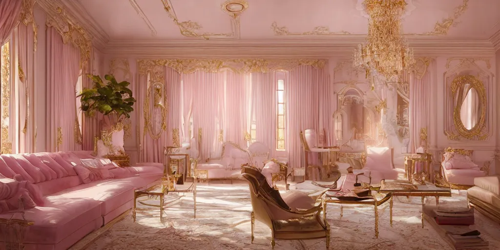 Prompt: dreamlike luxury mansion, pale pink and gold, art by artgerm, ilya kuvshinov, 8 k realistic, hyperdetailed, beautiful lighting, detailed background, depth of field, frostbite 3 engine, cryengine,