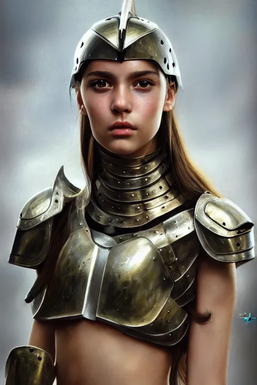 Image similar to a photorealistically painted portrait of an attractive young girl, partially clothed in metal-plated battle armor, with an abstractly painted background, flawless olive skin, fair complexion, long dark hair, beautiful bone structure, perfectly symmetric facial features, perfect photorealistic eyes, natural physique, intricate, elegant, digital painting, concept art, finely detailed, beautifully illustrated, sharp focus, minimal artifacts, volumetric lighting, from DOOM and Halo, by Ruan Jia and Mandy Jurgens and Artgerm and William-Adolphe Bouguerea, in the style of Greg Rutkowski, trending on Artstation, award winning art