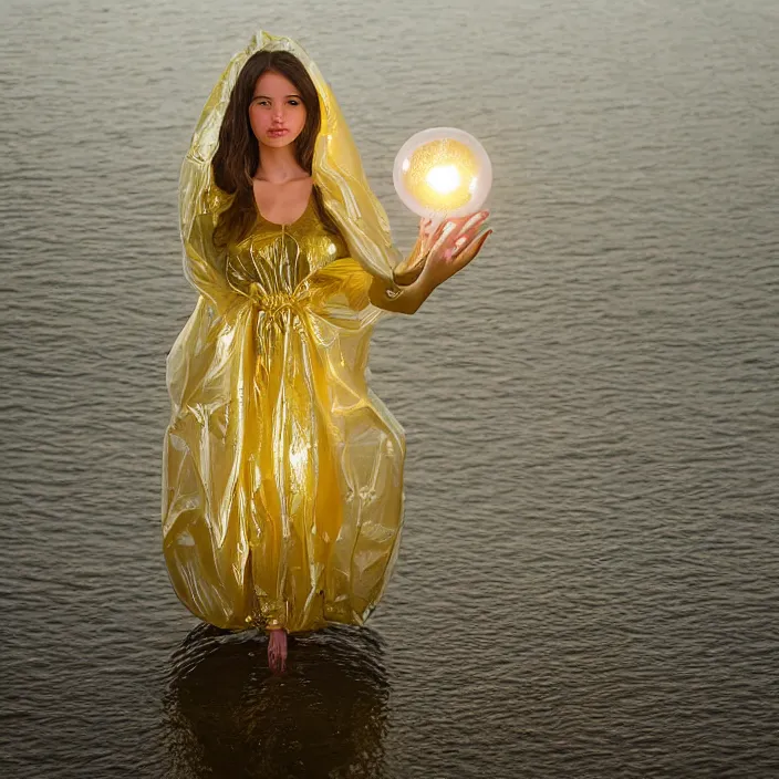 Prompt: a closeup portrait of a woman wrapped in plastic, standing next to a levitating gold luminescent orb, in a lake, color photograph, by vincent desiderio, canon eos c 3 0 0, ƒ 1. 8, 3 5 mm, 8 k, medium - format print