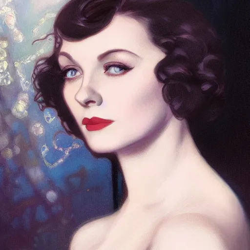 Image similar to a closeup portrait of a young vivian leigh, 1 9 2 0 s, femme fatale, gorgeous view, night, film noir, eerie, high detail, sharp, masterpiece by artgerm and greg rutkowski and alphonse mucha, digital art, trending on artstation