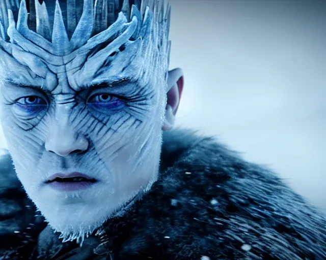 Prompt: clear ice block of justin sun as night king in game of thrones, 4 k, epic, cinematic, focus, movie still, fantasy, extreme detail, atmospheric, dark colour, sharp focus